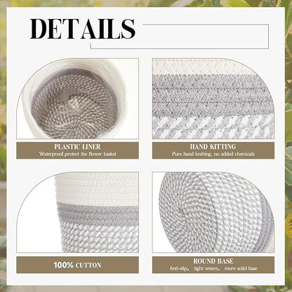 3 Pcs Cotton Rope Plant Basket with Plastic Liner Rustic Plant Basket Planters Modern Woven Decorative Pots for Home Flower Indoor Storage Decor, 7.5 x 6.5 Inches(White, Gray)