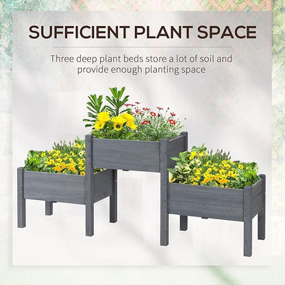 Outsunny Raised Garden Bed with 3 Planter Box, Elevated Wooden Plant Stand with Drainage Holes, for Vegetables, Herb and Flowers, Gray
