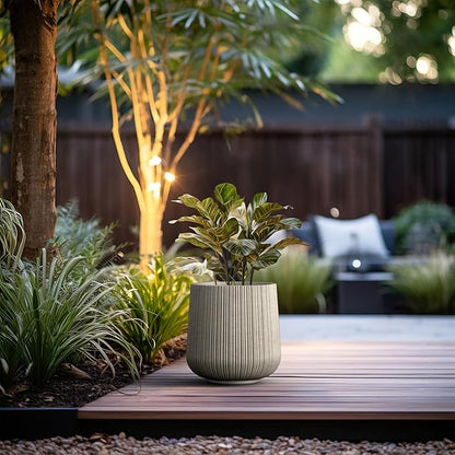 Kante 13.0" Dia Round Fluted Concrete Planter, Large Plant Pot with Drainage, Smooth Weathered Concrete Finish with Painted Interior, for Indoor and Outdoor Use