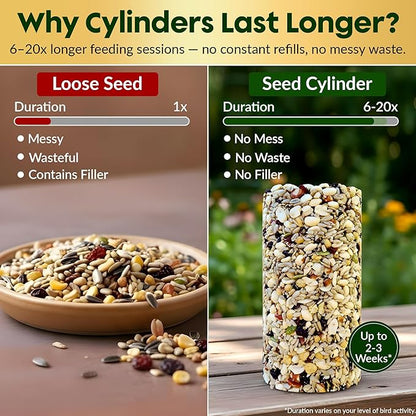 Woodpecker Bird Seed Cylinders with Hole – Premium Woodpecker Food Blend with Sunflower Chips, Peanuts & Suet – Natural High Energy Bird Seed, No Filler, No Shell, No Mess – USA Made (6" x 7.75")