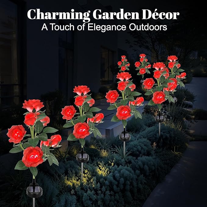 Solar Rose Lights Outdoor, 2 Pack Waterproof Color Changing LED Flower Lights, Solar Powered Garden Stakes for Yard, Patio, Pathway Decor - Artificial Floral Decorative Lighting