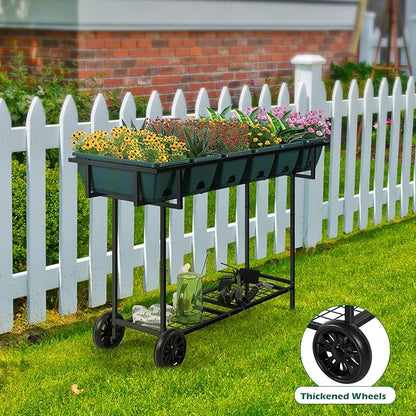 YBING Elevated Raised Garden Bed with Legs Outdoor Mobile Herb Garden Planter with Storage Shelf 6 Pocket Patio Raised Planter Boxes on Wheels Elevated Flower Bed 42x17x30in Green