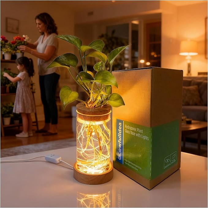 Plant Propagation Station with Light, Glass Planter Station with Waterproof Lighted Wooden Base, Desktop Hydroponic Plants Terrarium, Cylindrical Glass Planter for Home Decor & Office Decor