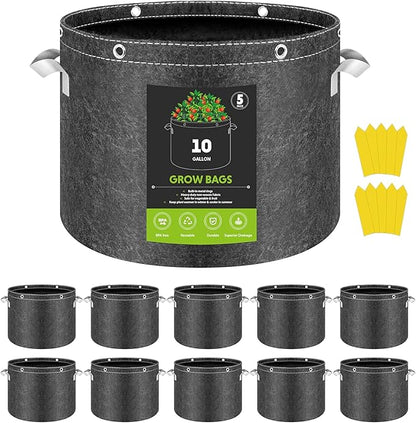 InfiniPower 10 Pack 10 Gallon Plant Grow Bags, 400G Thick Nonwoven Fabric Pots with Multi-Purpose Rings and Handles, Reusable for Low Stress Plant Training Fruits, Vegetables and Flowers