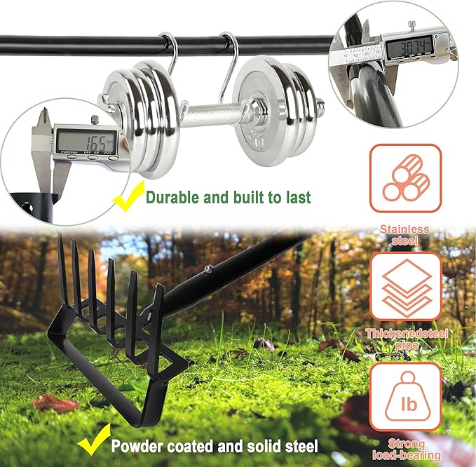 8-Tines Rake and Stirrup Hoe - Adjustable Long Handle Scuffle Loop Action Hoe for Weeding, Digging, Loosening Soil, Stainless Steel Tiller Cultivator for Gardening, Raised Flower Beds Planting.