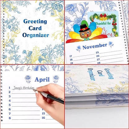 Ceiba Tree Greeting Card Organizer Floral Month by Month Cards Keeper Book with 24 Pockets for Birthday Reminders