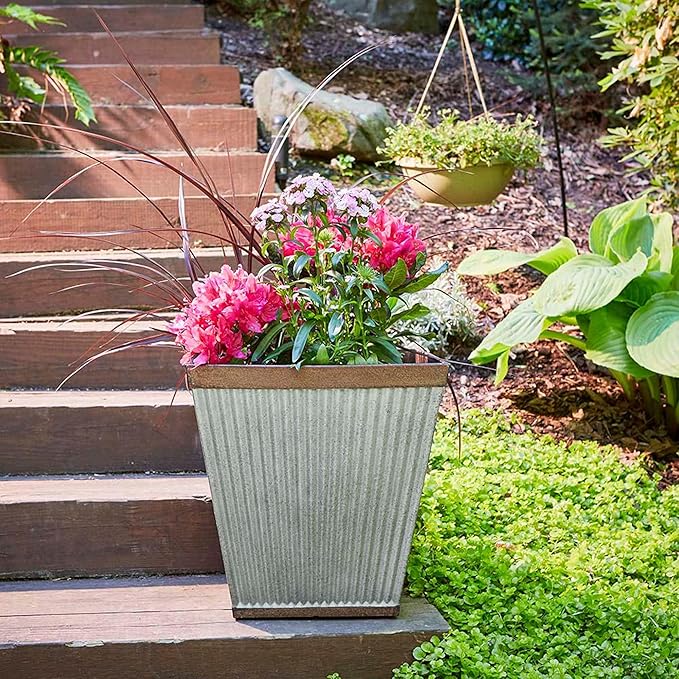 Southern Patio HDR 046851 16 inches Square Rustic Plastic, Indoor, Outdoor Garden Planter, Urn Pot for Flowers, Herbs, Galvanized