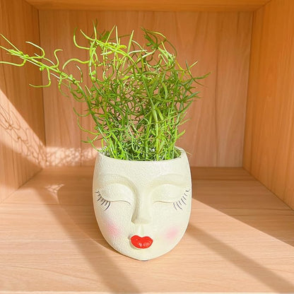 Girl Face Flower Pot Small Lady Head Planter Funny Flower Pot for Cactus Lovely Resin Head Face Planter with Anti-Friction Pads Pale Yellow 1Pack
