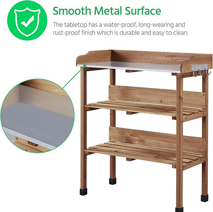Yaheetech Outdoor Garden Potting Bench Table, Wooden Horticulture Planting Worstation w/Metal Tabletop/Storage Shelf/3 Hooks, Brown