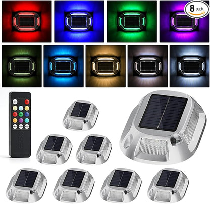 VOLISUN Solar Driveway Lights with Remote 8 Pack, 9 Colors in 1 Led IP67 Waterproof Outdoor Warning Dock Deck Lights for Driveway Sidewalk Pathway Step RGB (9colors, 8pack)