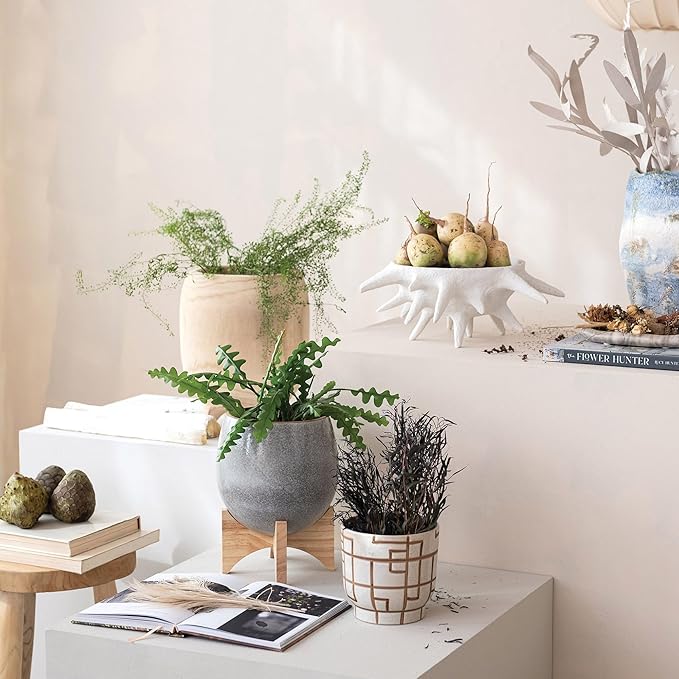 Bloomingville Round Stoneware Planter on a Wood Stand with Reactive Glaze, Grey and Natural
