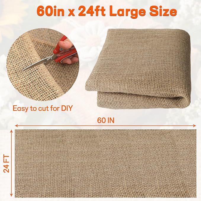 Burlap Fabrics Roll Natural Jute Burlap Garden Tree Wrap Outdoor Weed Barrier DIY Fall Halloween Craft Winter Frost Plant Landscape Blankets Cloth for Plant Gardening Shrubs (60in*24ft)