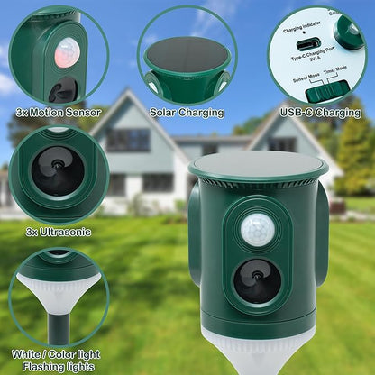 360° Solar Ultrasonic Animal Repellent Outdoor Motion Activated Pest Deterrent with Strobe Light, Waterproof Garden Protection for Cats, Dogs, Squirrels, Raccoons,Skunks, Rabbits, Coyotes