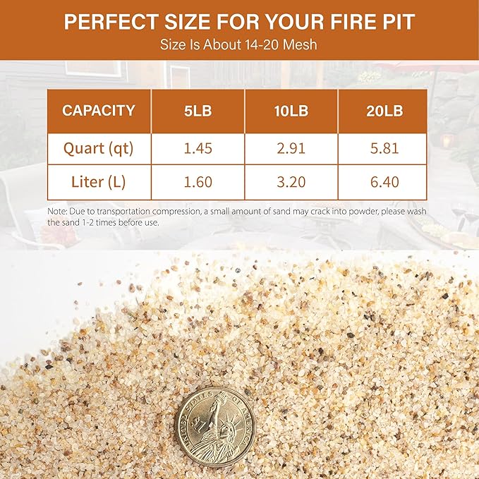 NUPICK 14-20 Mesh Silica Sand for Fire Pit, 20lb Coarse Sand for Fireplaces, Decorative Sand for Gas or Propane, Heatproof Base Layer Under Fire Glass, Lava Rocks, Wood, Garden, Vase Filler, Aquarium