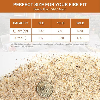 NUPICK 14-20 Mesh Silica Sand for Fire Pit, 5lb Coarse Sand for Fireplaces, Decorative Sand for Gas or Propane, Heatproof Base Layer Under Fire Glass, Lava Rocks, Wood, Garden, Vase Filler, Aquarium