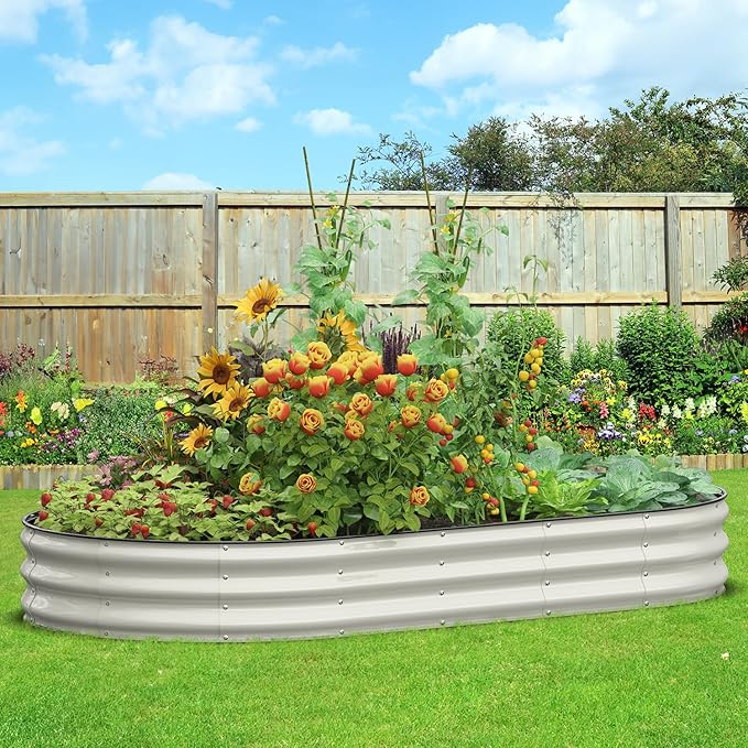 Galvanized Raised Garden Bed, 8x4x1 FT Oval Metal Planter Box for Outdoor, 12” Raised Beds for Gardening Vegetables Flower Herb(Pearl White)