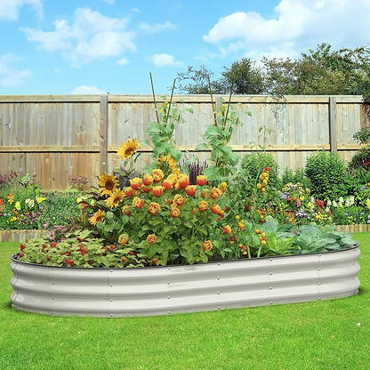 Galvanized Raised Garden Bed, 8x4x1 FT Oval Metal Planter Box for Outdoor, 12” Raised Beds for Gardening Vegetables Flower Herb(Pearl White)