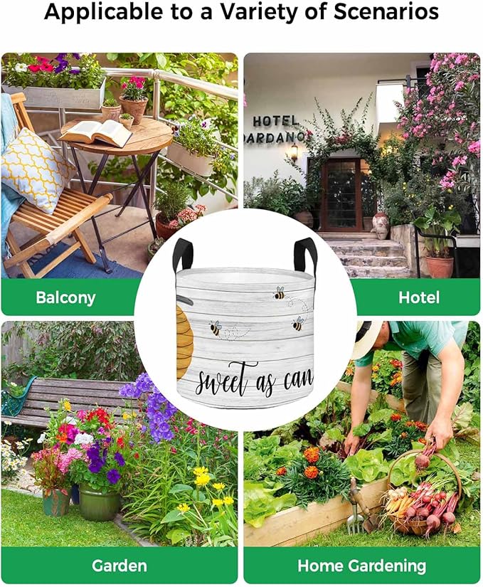 3 Gallon Grow Bags Planter Bag,Fall Hive Bumble Bee Vintage Wood Grain Fabric Plant Pots with Handle,Flower Grow Bag for Vegetable Potato Tomato,Farm Honeybee Gardening Bags