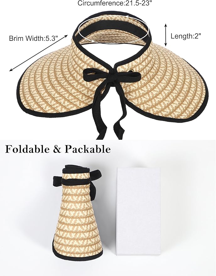 Womens Beach Straw Sun Hats Ponytail Hole Wide Brim Summer Visor Foldable Hat Sun Protection Packable for Travel Pool