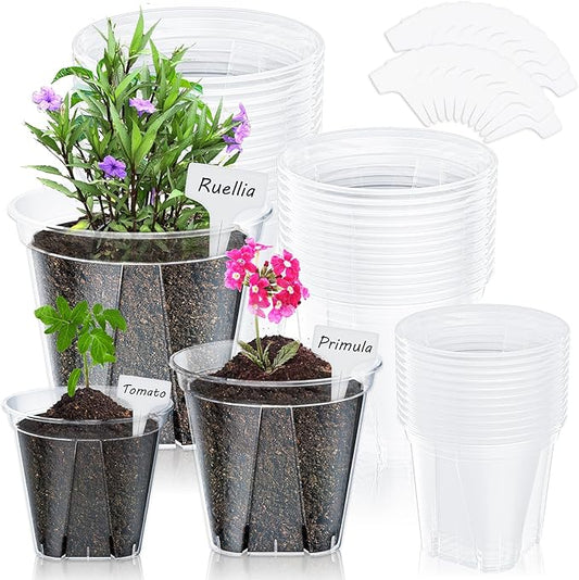 36 Pack Clear Nursery Pots for Plants, 3.9/4.7/5.5 Inch Reinforced Plastic Plant Pots with Drainage Holes High Transparency Plant Pot Seed Starter Pot High Transparency with 20 Plant Labels