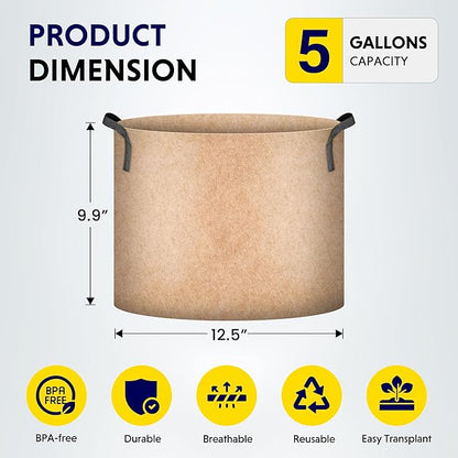 iPower 20-Pack 5 Gallon Grow Bags 300G Thick Nonwoven Aeration Fabric Pots Heavy Duty Plant Containers with Handles for Garden Planting, Tan