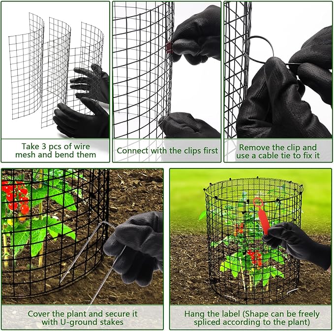 AHIER 10 PCS Chicken Wire Plant Protector from Animals with Covers, Plant Cages for Outdoor Plants to Keep Animals Out Including 30pcs Metal Mesh, Covers, Ground Stakes, Labels, Clip, Ties and Gloves