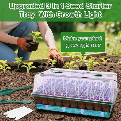 BlumWay 120-Cell Self-Watering Seed Starter Tray with Grow Light, 1-24H Timer, Seed Starter Kit with 4.02" Humidity Dome, Seedling Tray for Indoor Plant Starter, Plant Germination Trays-Green