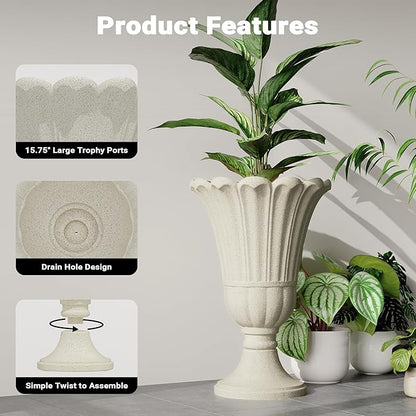 23" Tall Planters for Outdoor Plants Set of 2, Planter with Drainage Holes and Petal Design, Large Outdoor Planters for Porch, Garden, Indoor, Beige