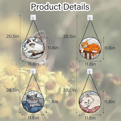 Stained Glass Window Hanging 4 Pcs Set Cute Cat Large 11.8" - Suncatcher Door Garden Sun Catcher Decor Birthday Mother's Day Christmas Comfort Gifts for Lost Pet Woman Nana Mom Men Friend