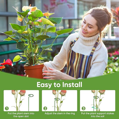 12 Pack Plant Support Stakes with 24 Pcs Plant Clips, Garden Single Stem Support Stake, Plant Cage Support Ring for Indoor Outdoor Flowers Rose Amaryllis Tomatoes Peony Lily Orchid