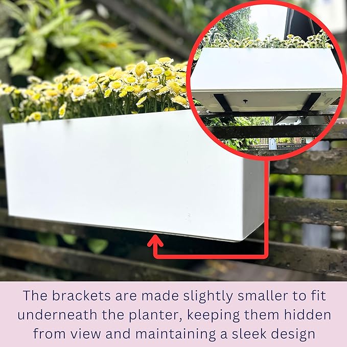 LaLaGreen Railing Planter Box (2 Pack, 14 Inch) White Rectangular Window Flower Boxes with Bracket, Self Watering System Hanging Planters for Outdoor Plant Pot Container Deck Rail Fence Balcony Herb