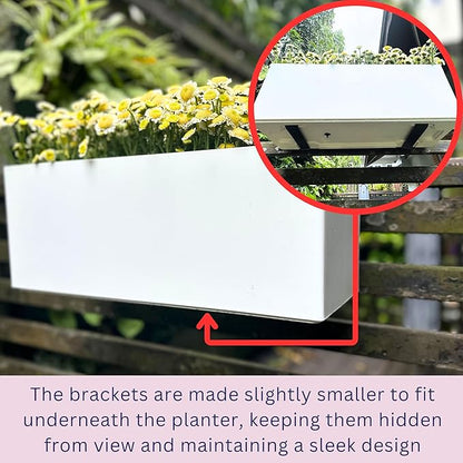 LaLaGreen Railing Planter Box (2 Pack, 14 Inch) White Rectangular Window Flower Boxes with Bracket, Self Watering System Hanging Planters for Outdoor Plant Pot Container Deck Rail Fence Balcony Herb