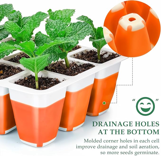 6pcs Reusable Seed Starter Kit, 72 Cells Seed Starter Trays, Silicone Seedling Starter Trays for Starting Plant Seeds with Flexible pop-Out Cells, Indoor Gardening Plant Germination Trays, Orange