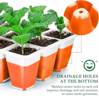 6pcs Reusable Seed Starter Kit, 72 Cells Seed Starter Trays, Silicone Seedling Starter Trays for Starting Plant Seeds with Flexible pop-Out Cells, Indoor Gardening Plant Germination Trays, Orange