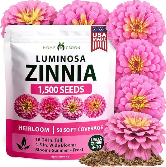 HOME GROWN Pink Zinnia Seeds – 1500 Luminosa Zinnias, Easy to Grow Annual Flower Seeds for Planting Outdoors for 2026, Fast Blooming, Heat Tolerant Herb Seed Garden Companion (Zinnia elegans)