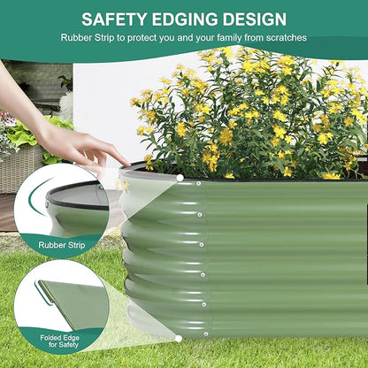 Galvanized Raised Garden Bed - 8×2×1.4ft Planter Raised Beds for Gardening | Oval Metal Garden Planter Box with Safety Edging and Gloves for Vegetables Fruits and Flower OliveGreen