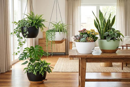 Hanging Planters, 3-Pack 10 Inch Self-Watering Pots with Drainage Holes and Chains, Matte Plastic Planters for Indoor/Outdoor Plant（Black Brown）