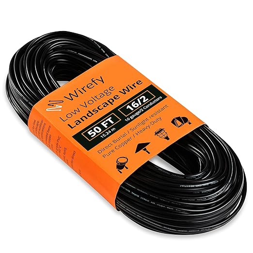 Wirefy 16/2 Low Voltage Landscape Wire 50 ft | Low Voltage Landscape Lighting Wire | Pure Copper | Outdoor Direct Burial | 16-Gauge 2-Conductor 50 Feet | UL Listed