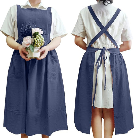 Cute Retro Cotton Linen X-Back Aprons Home Kitchen Garden Art Painting Pinafore Florist Shop Overalls