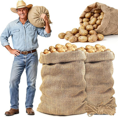 MAQIHAN 2 PCS Burlap Sack - 19.6" x 35" Burlap Bags for Plants High Density Natural Jute Bag of Potatoe Storage Plant Grow Bags with Rope Potato Sacks Race Bag Halloween,Christmas Decorations