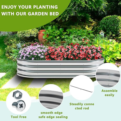 zizin Galvanized Raised Garden Bed Metal Oval Raised Garden Beds Outdoor Planter Box for Vegetables (8x2x1FT, Silver)