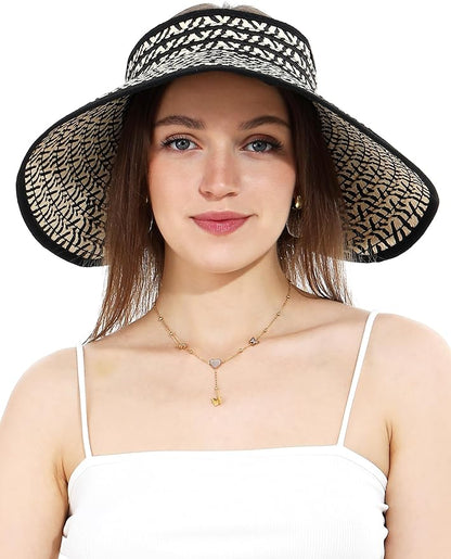 Womens Beach Straw Sun Hats Ponytail Hole Wide Brim Summer Visor Foldable Hat Sun Protection Packable for Travel Pool