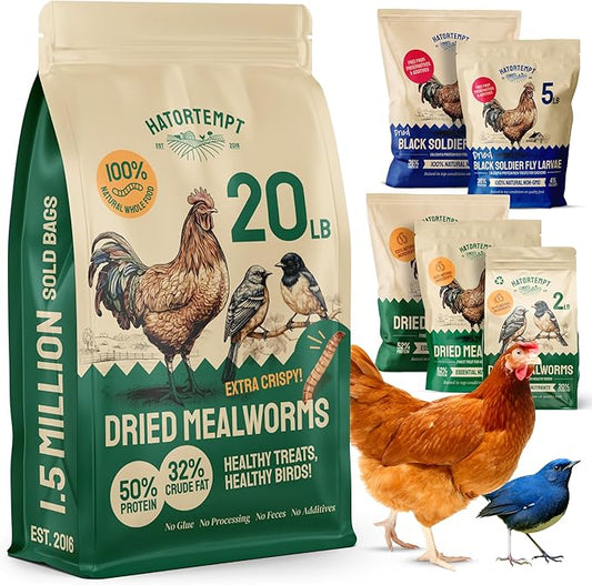 Hatortempt 20lb Dried Mealworms for Chickens - 50% Protein and 32% Essential Fats to Support Healthy Feather Growth During Molt - Organic Treats for Chickens, Ducks, Wild Birds & Reptiles