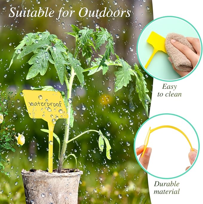 Marsui 202 Pcs Large Plant Labels Kit, Include 100 Outdoor Plastic Plant T Type Tags Waterproof Reusable Plants Markers Stakes, 100 PET Films and 2 Marker Pens for Herbs Pot (Multicolor,6 Inch)