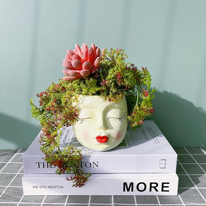 Girl Face Flower Pot Small Lady Head Planter Funny Flower Pot for Cactus Lovely Resin Head Face Planter with Anti-Friction Pads Pale Yellow 1Pack