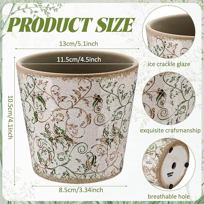 Farmhouse Ceramic Planter 5.5 Inch Large Plants Pot Ice Crack Beige Green Floral Vines Plant Pots with Drainage Hole Indoor Plants Kitchen Rustic Antique Decor Gift