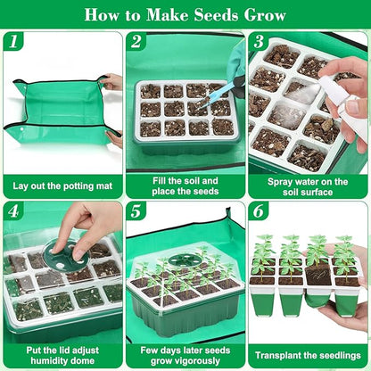 Reusable Silicone Seed Starter Tray, 60 Cells Seed Starter Kit with Humidity Adjustable Dome and Lid, Plant Germination Trays with Repotting Mat 5 Packs Germination Kit for Seeds Grow Starting