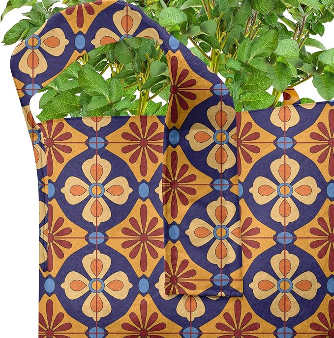 Lunarable Talavera Grow Bags 5-Pack, Mexican Ethnic, Heavyduty Fabric Pots with Handles for Plants, Blue Coffee