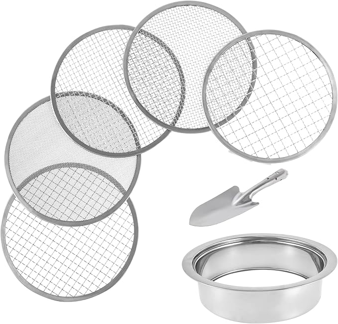 Soil Sieve Set with 5 Interchangeable Meshes Sizes 1/3/6/9/12mm, Stainless Steel Riddle Sieve Pan with Shovel 24cm Garden Potting Soil Sifter for Gardening Dirt Sand Soil Rocks