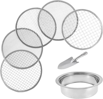 Soil Sieve Set with 5 Interchangeable Meshes Sizes 1/3/6/9/12mm, Stainless Steel Riddle Sieve Pan with Shovel 24cm Garden Potting Soil Sifter for Gardening Dirt Sand Soil Rocks
